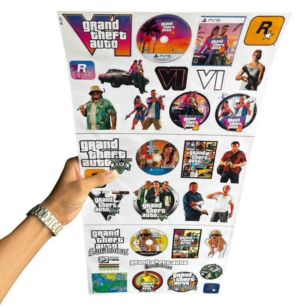 ð¥ Super Cartela de Adesivos Colecionáveis GTA VI, GTA V e San Andreas – 33 Adesivos | 60x30 cm | Laminado Premium ð¥ - Imagem 4