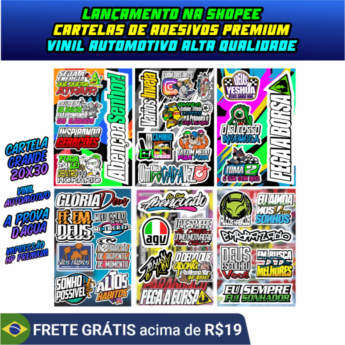 CARTELA DE ADESIVOS VINIL AUTOMOTIVO ALTA QUALIDADE A PROVA D AGUA 20X30 Não Desbota Moto Carro CAMINHÃO