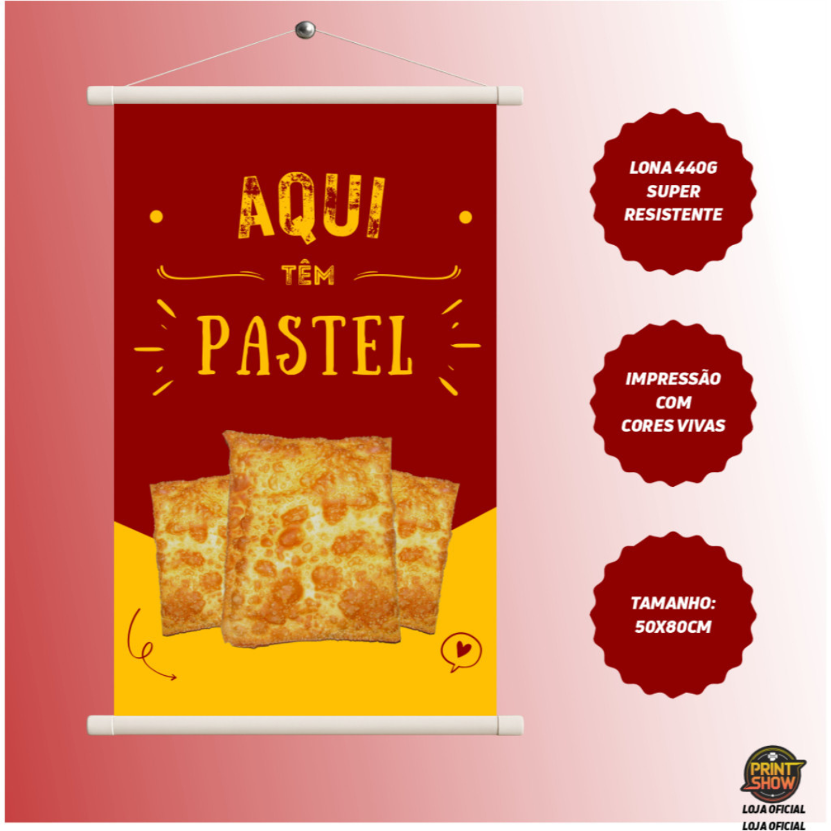 BANNER 80X50 COM BASTÃO PARA PENDURAR FAIXA DE LONA PVC LANCHONETE