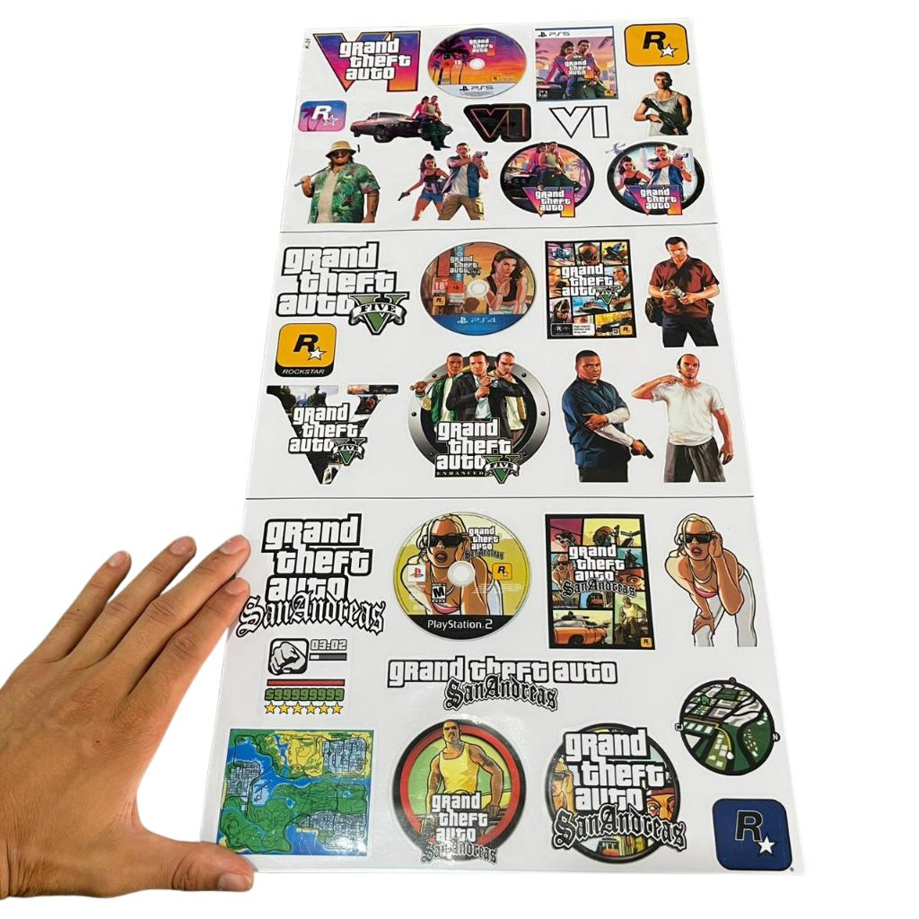 ð¥ Super Cartela de Adesivos Colecionáveis GTA VI, GTA V e San Andreas – 33 Adesivos | 60x30 cm | Laminado Premium ð¥ - Imagem 5