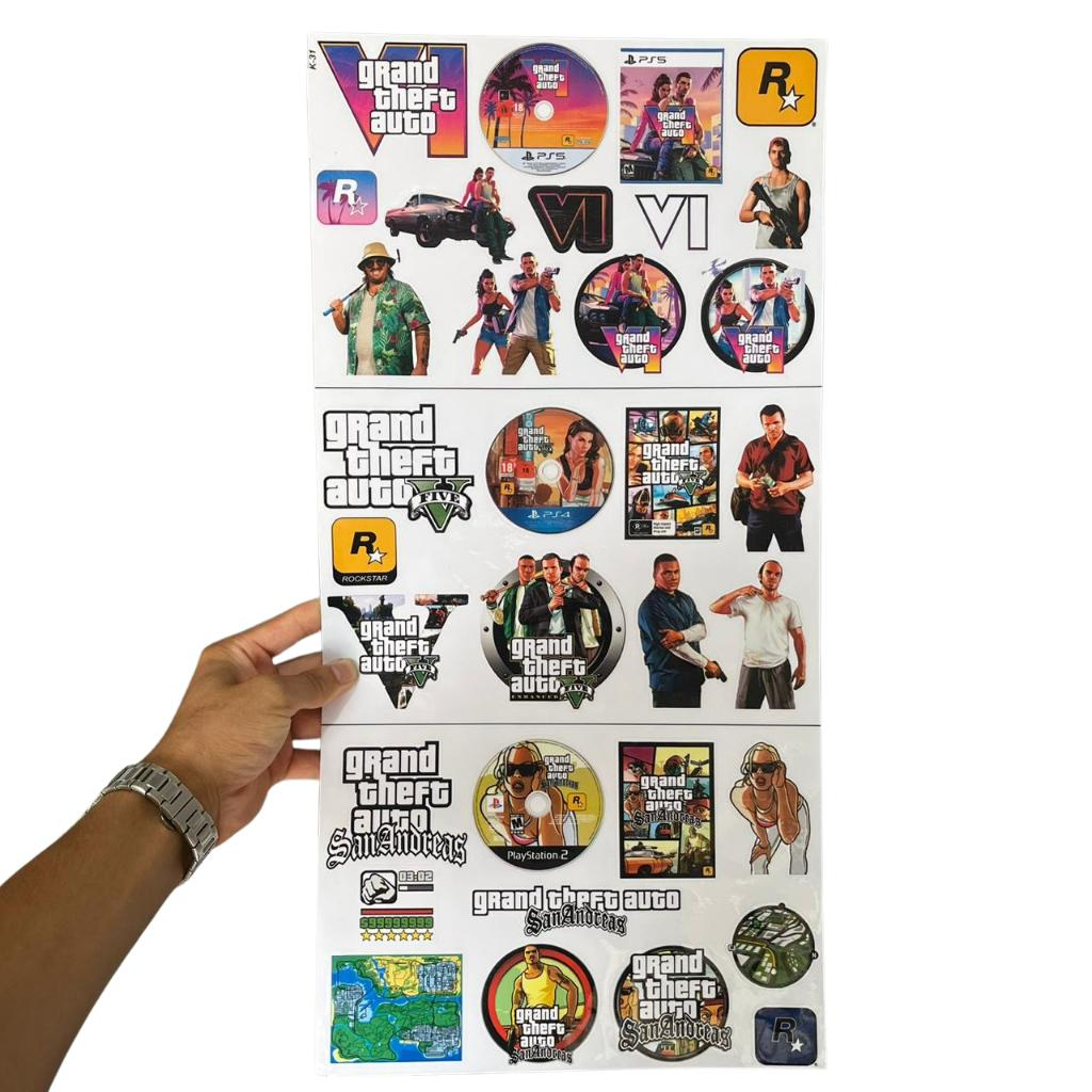 ð¥ Super Cartela de Adesivos Colecionáveis GTA VI, GTA V e San Andreas – 33 Adesivos | 60x30 cm | Laminado Premium ð¥