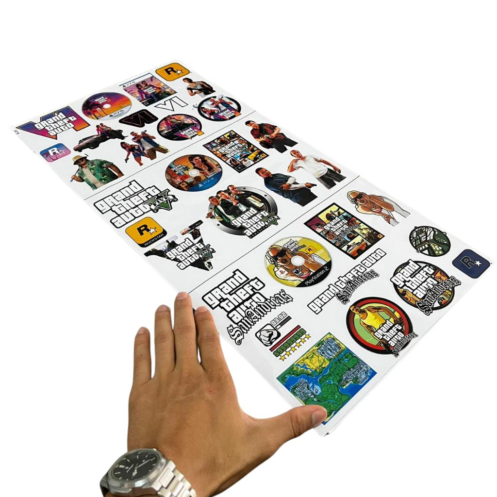 ð¥ Super Cartela de Adesivos Colecionáveis GTA VI, GTA V e San Andreas – 33 Adesivos | 60x30 cm | Laminado Premium ð¥ - Imagem 6