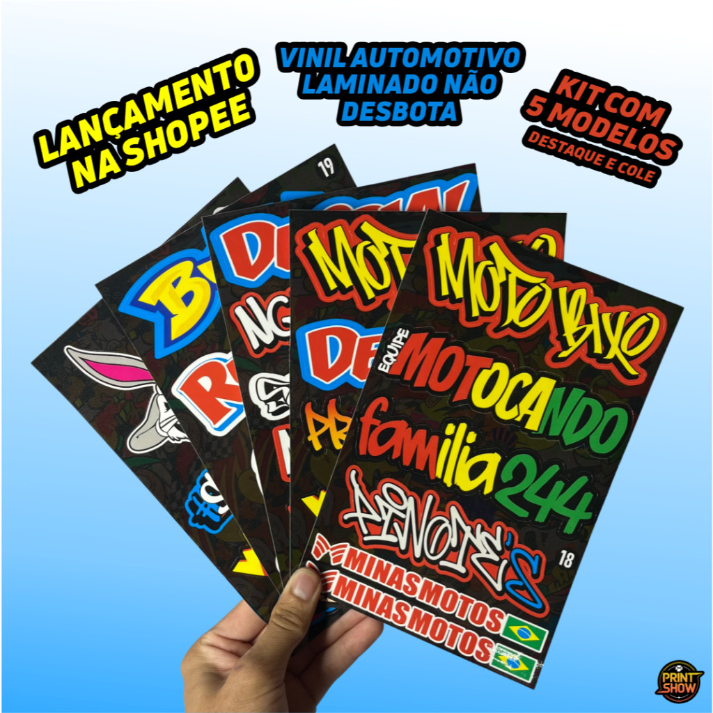 Kit 5 Cartelas Adesivos Vinil Laminado 22x15cm à Prova D’Água, Não Desbota e Alto Brilho Moto Carro Bike Capacete