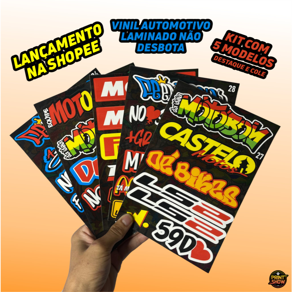 Kit 5 Cartelas Adesivos Vinil Laminado 22x15cm à Prova D’Água, Não Desbota e Alto Brilho Moto Carro Bike Capacete